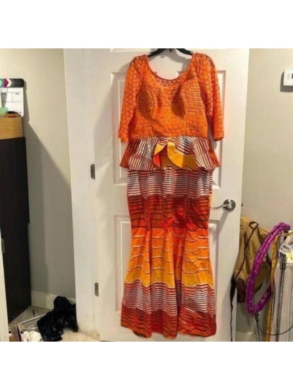 Orange Patterned three-quarter sleeve mermaid bottom African inspired dress